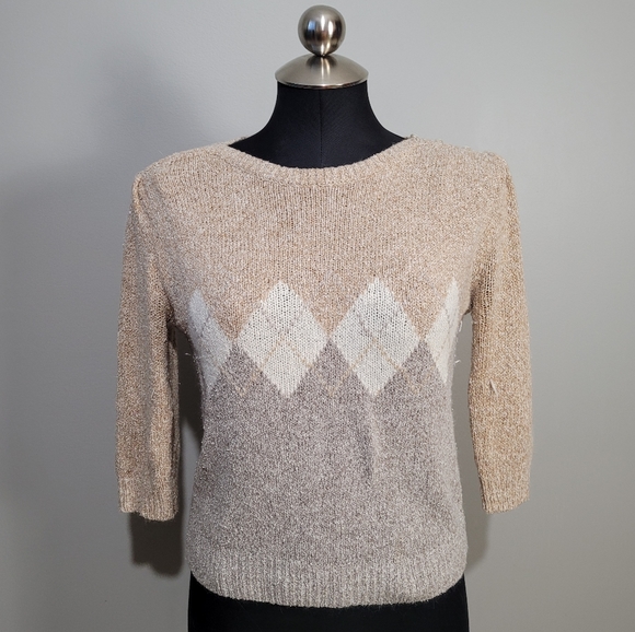 80s tan argyle knit sweater - Picture 1 of 7